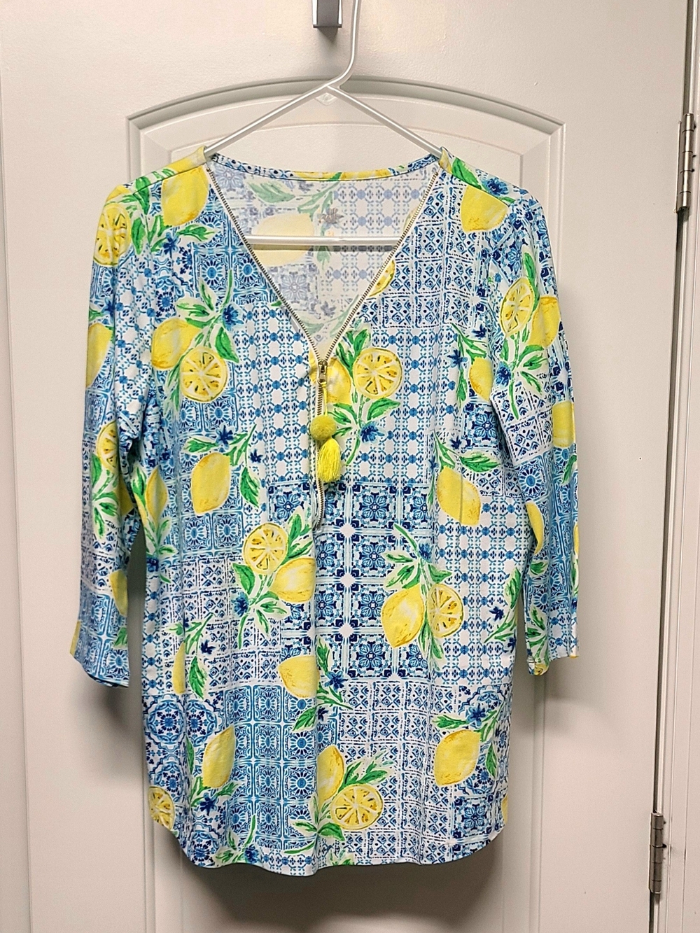 Belle by Kim Gravel Blue Tile and Yellow Lemon V-Neck Tunic
